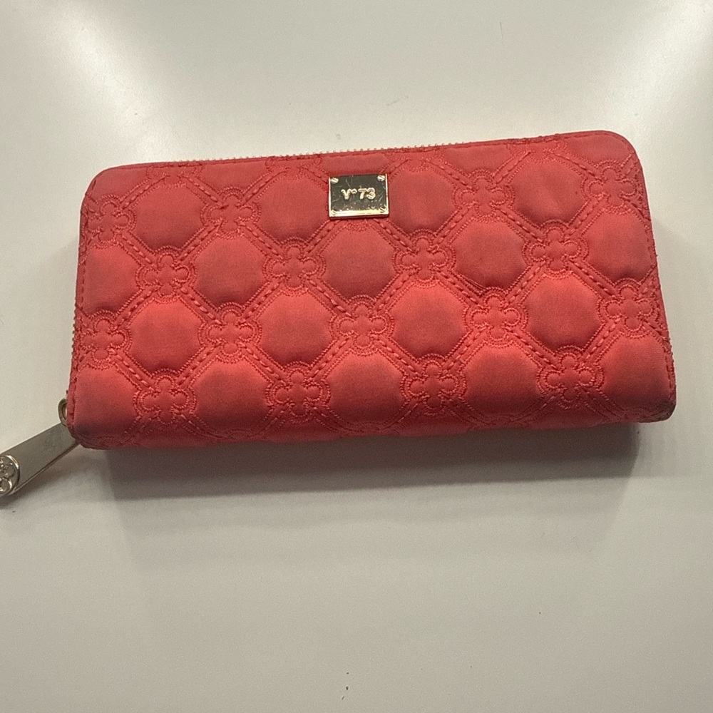 Red Quilted Zip-Around Wallet with Logo Plate